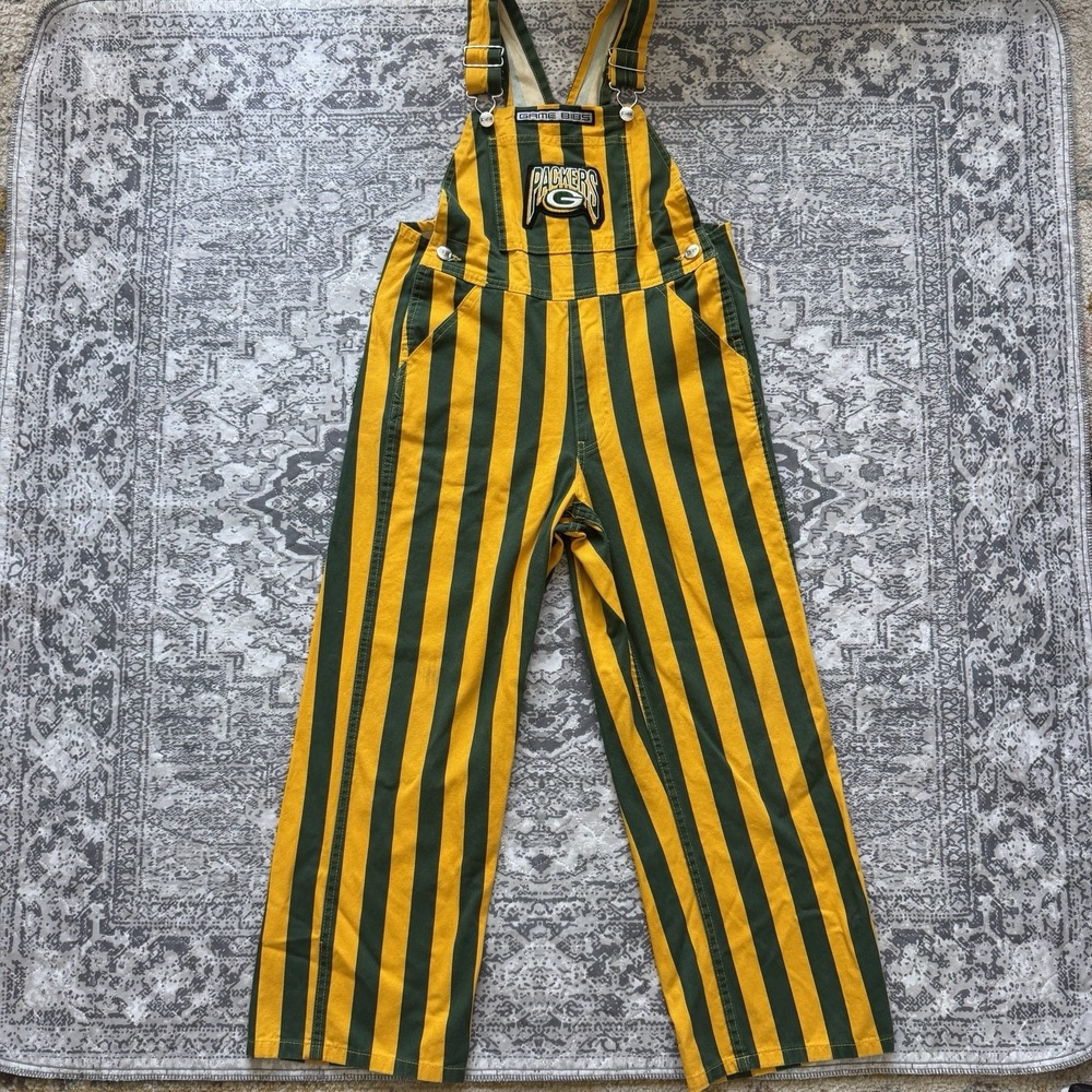 Game Bibs Green Bay Packers Youth Overalls Gold Yellow Green Stripes Sz Medium